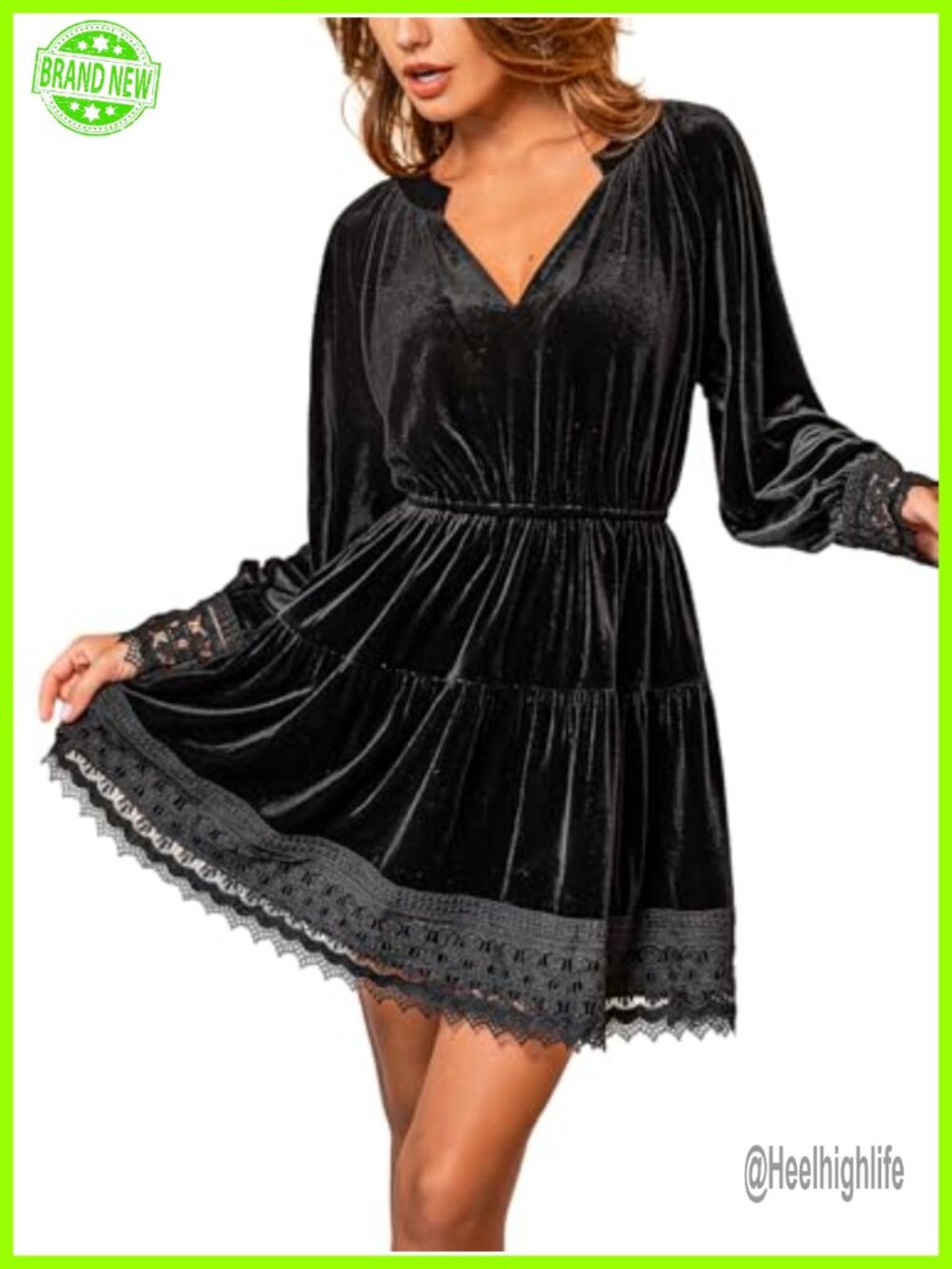 CUPSHE Women's Velvet V-Neck Long Sleeve Lace Mini Party Dress